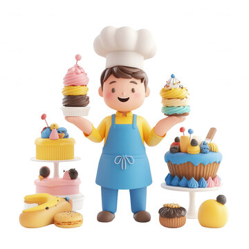 A cheerful baker proudly presenting colorful treats and delightful desserts., isolated on a transparent background.