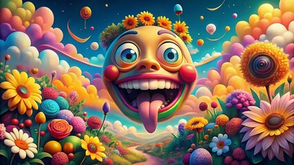 Surreal Cartoon Face with Big Smile and Tongue in a Colorful Fantasy Landscape, Emphasizing Whimsy and Joyful Expression, Perfect for Fun and Playful Imagery