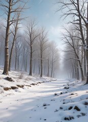 Fototapeta premium Snowy forest landscape with bare trees and a few scattered snowflakes, frozen, trees