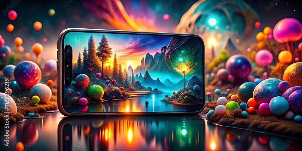 Poster surreal close-up of a smartphone app on screen with abstract elements and dreamlike effects for crea