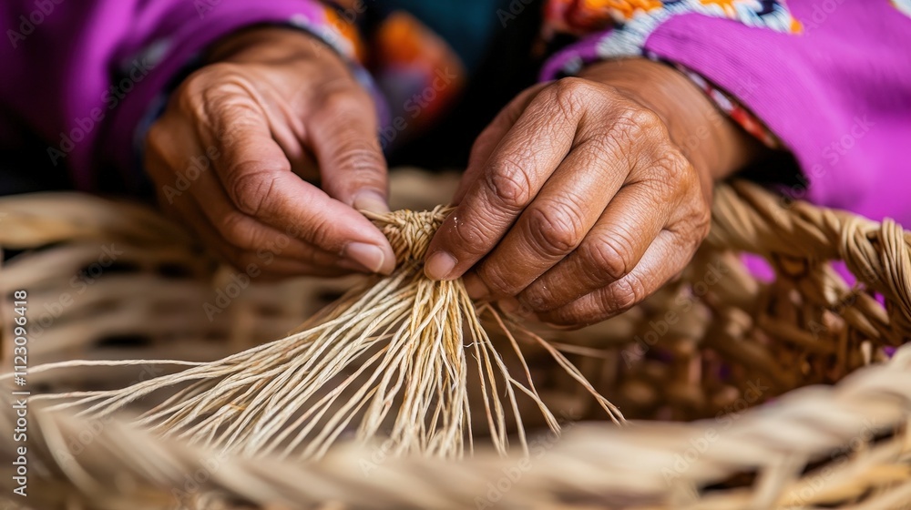 Poster a close-up of a hands weaving intricate patterns into a basket, her focus sharp as the natural fiber