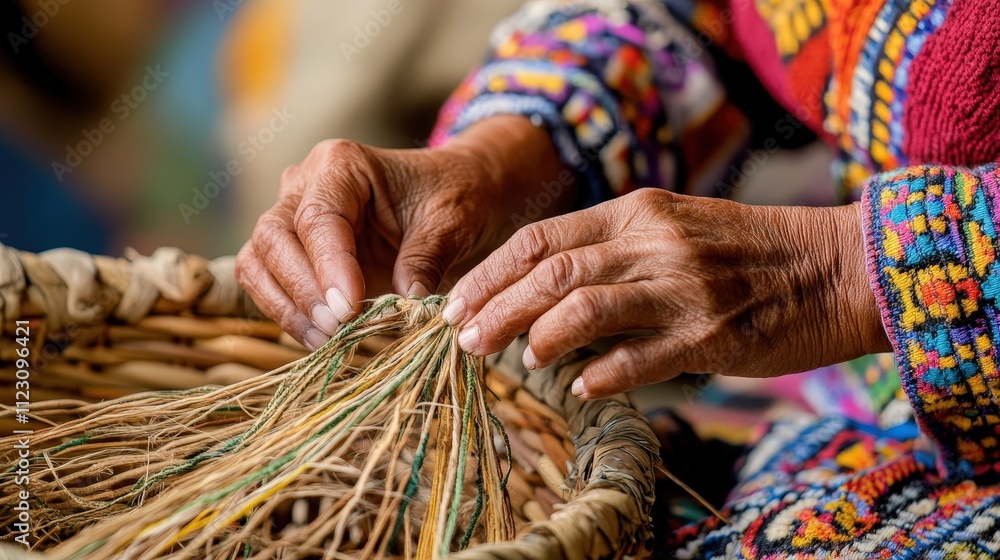 Poster a close-up of a hands weaving intricate patterns into a basket, her focus sharp as the natural fiber