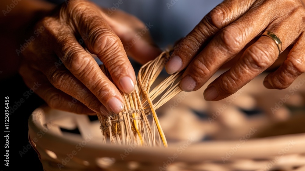 Poster a close-up of a hands weaving intricate patterns into a basket, her focus sharp as the natural fiber
