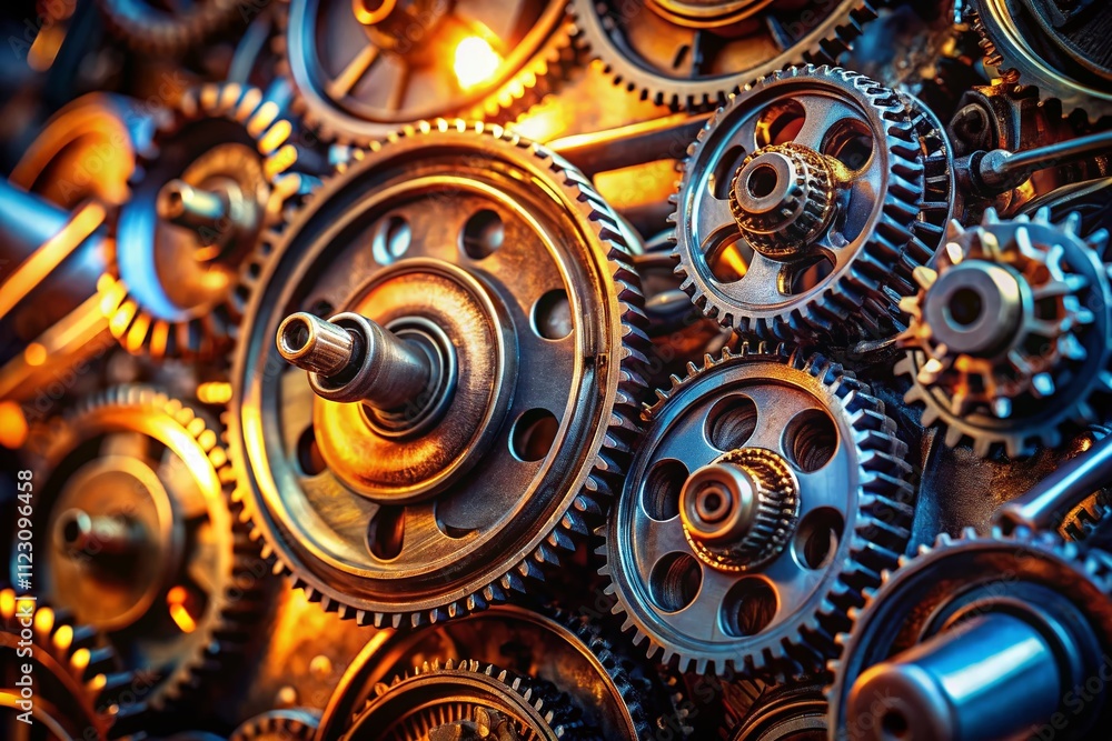 Poster surreal close-up of rotating engine gears in motion, capturing intricate details of mechanics and mo