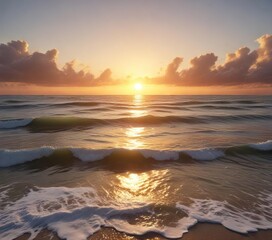 Fototapeta premium The golden light of the setting sun casts a warm glow over the ocean's gentle waves, creating a soothing and calming atmosphere, natural wonder, calming scene