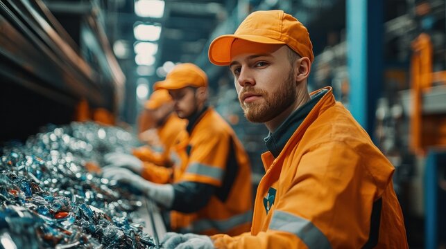 Technicians programming automated sorting systems for a circular economy plant