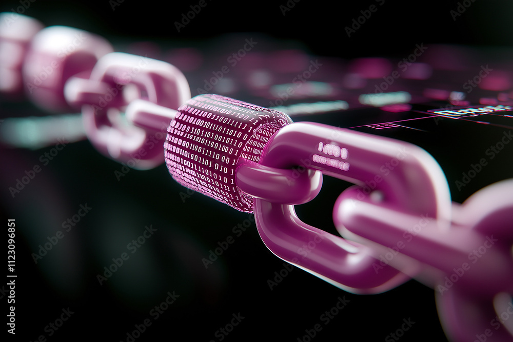 Poster vibrant purple chain with digital padlock, featuring binary code, symbolizes security and technology