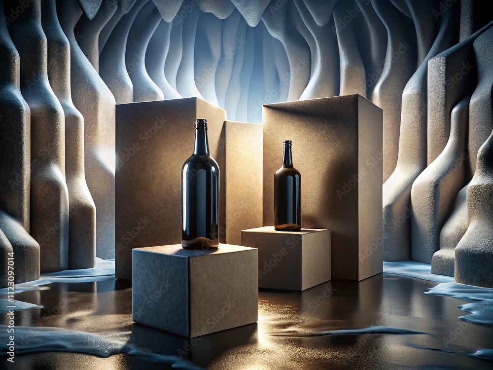 Poster surreal composition of two cardboard boxes with black frosted glass drink bottles in an abstract set