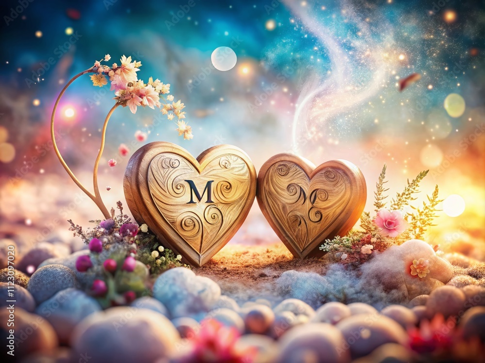 Poster surreal composition of two wooden hearts with initials m and b surrounded by dreamlike elements and 