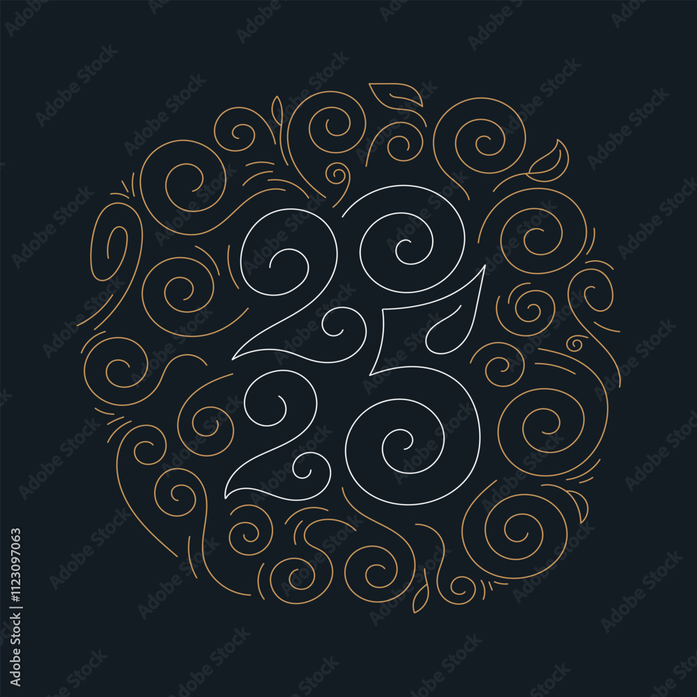 Poster happy new year 2025 text design. vector numbers 2025 in the center with curls. calligraphy gold numb