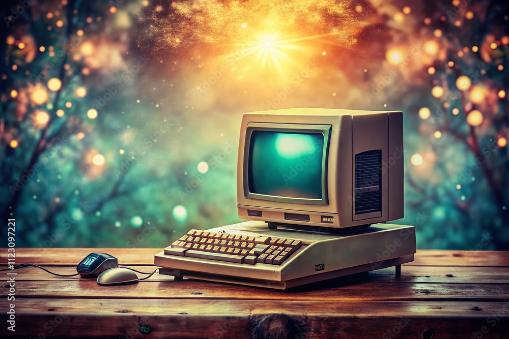 Poster surreal conceptual photography of a vintage computer environment with abstract backgrounds and dream