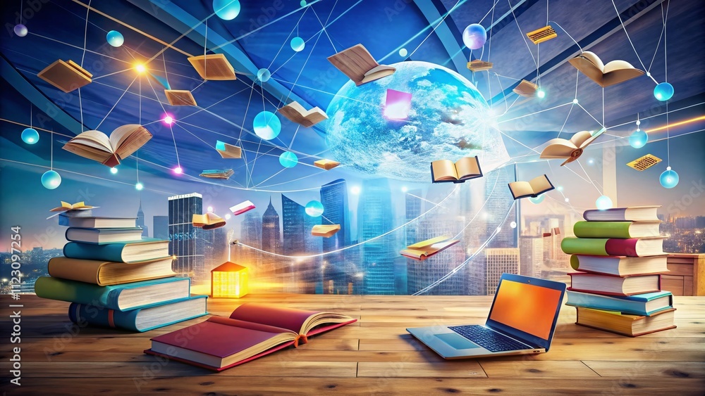 Poster surreal conceptual photography of digital learning platforms with abstract elements representing kno