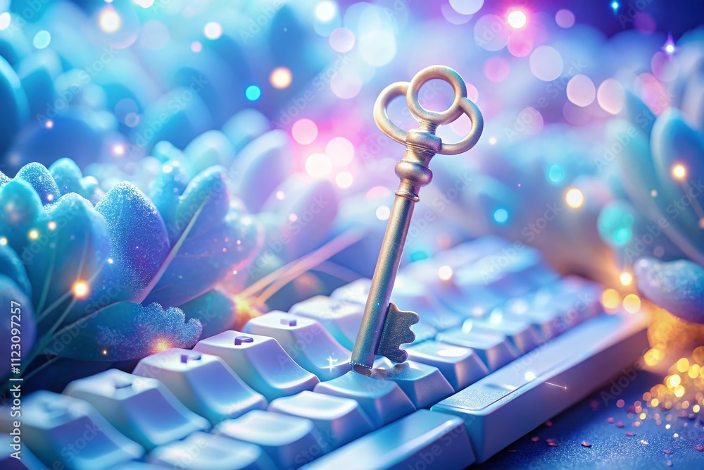 Poster surreal conceptual photography of a white keyboard featuring a blue key with scales symbolizing bala