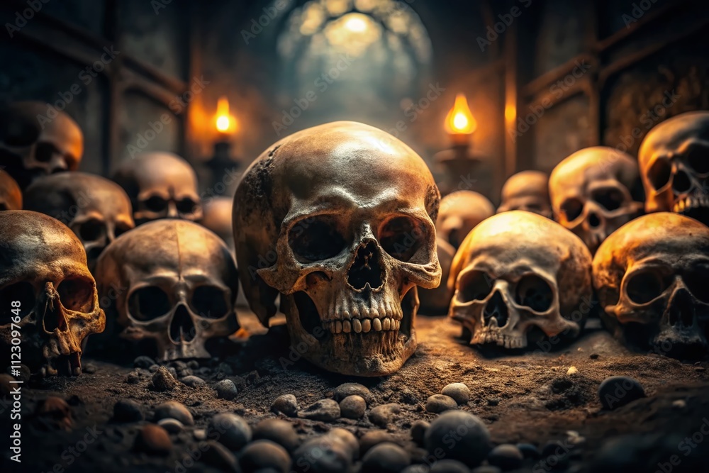 Poster surreal dark gloomy skull background design with selective focus and copy space for artistic project