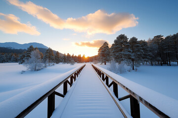Fototapeta premium beautiful wooden bridge in winter landscape, surrounded by snow covered trees and mountains, captures serene beauty of nature at sunset