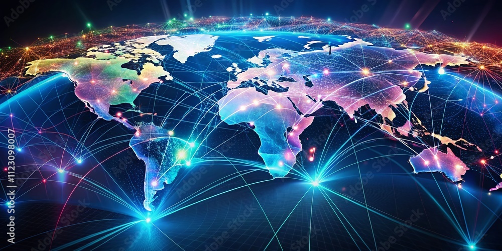 Poster surreal digital world map with glowing lines and points, illuminating global connections and data fl