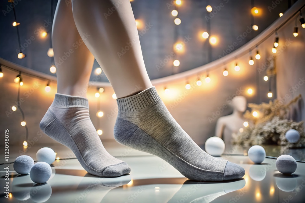 Poster Surreal Display of Gray Low-Cut Ankle Socks on Mannequin in Multiple Angles with a Dreamlike Background and Unique Lighting Effects for a Striking Visual Experience