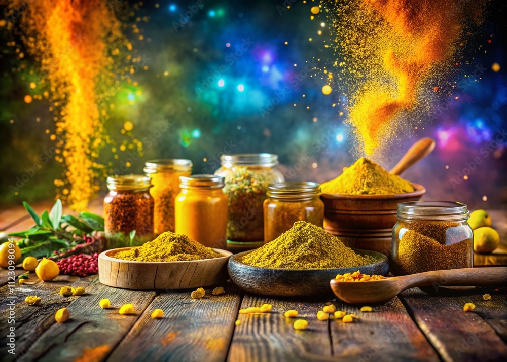 Aufkleber surreal display of assorted mustard powders in vibrant colors on a table, evoking imagination and cr