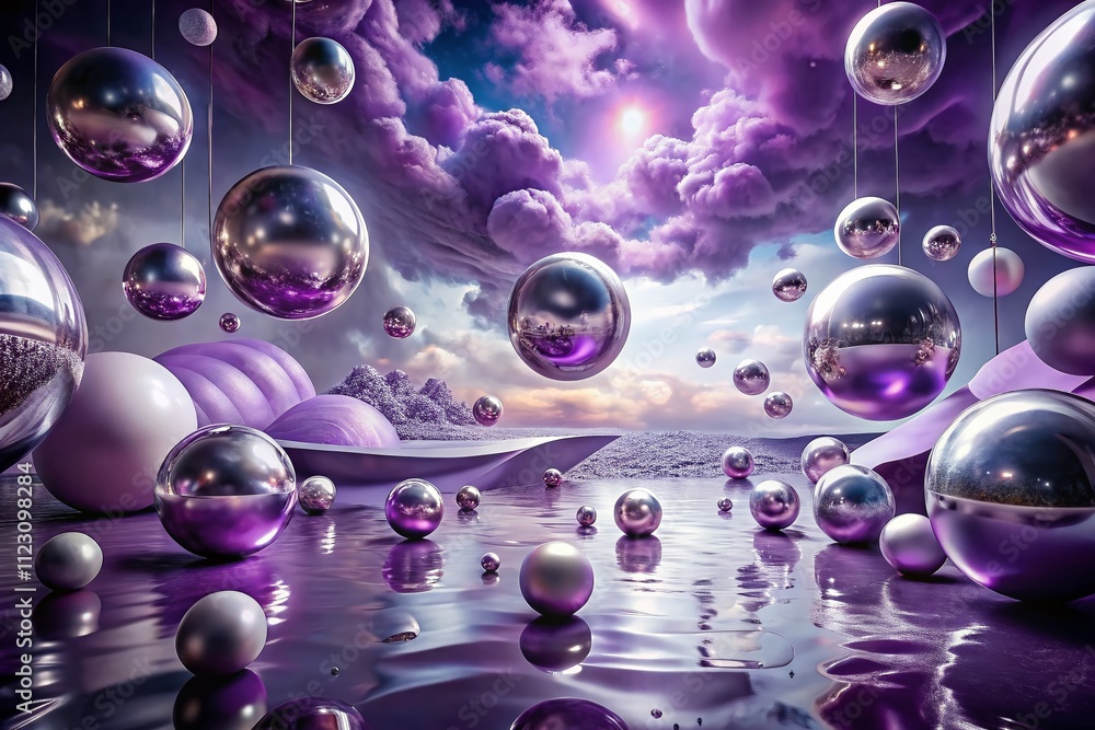 Poster surreal dreamscape with purple and silver backgrounds creating a mystical atmosphere for fantasy and