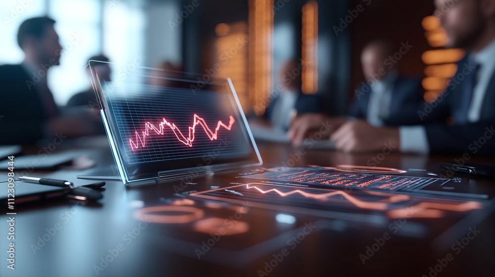 Poster detailed image of corporate boardroom with digital graphs and data analysis displayed on transparent
