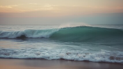 Obraz premium A serene beach scene at sunset, showcasing gentle waves rolling onto the shore, creating a tranquil atmosphere. Perfect for relaxation and vacation themes