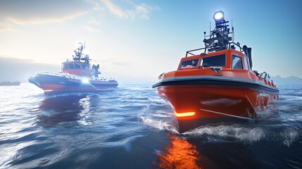 Fototapeta premium Rescue boats navigate through expansive waters, symbolizing hope and determination in the face of vast challenges.