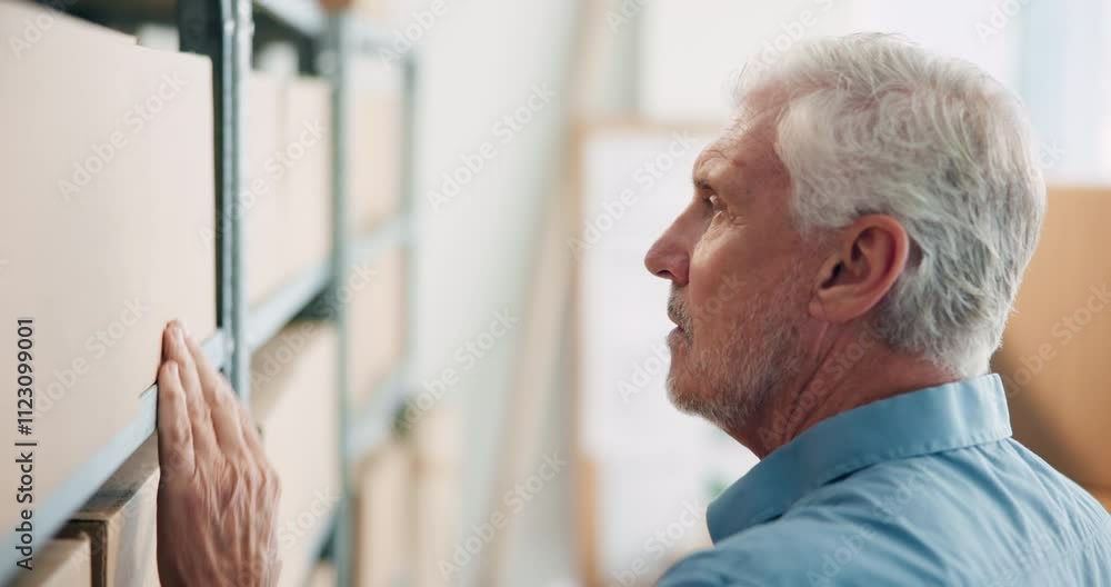 Poster distribution, logistics and man with box on shelf for stock, supply chain and inventory for ecommerc
