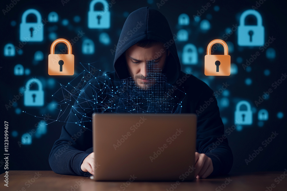 Poster hacker in black hoodie is focused on laptop, surrounded by digital locks and security symbols, repre