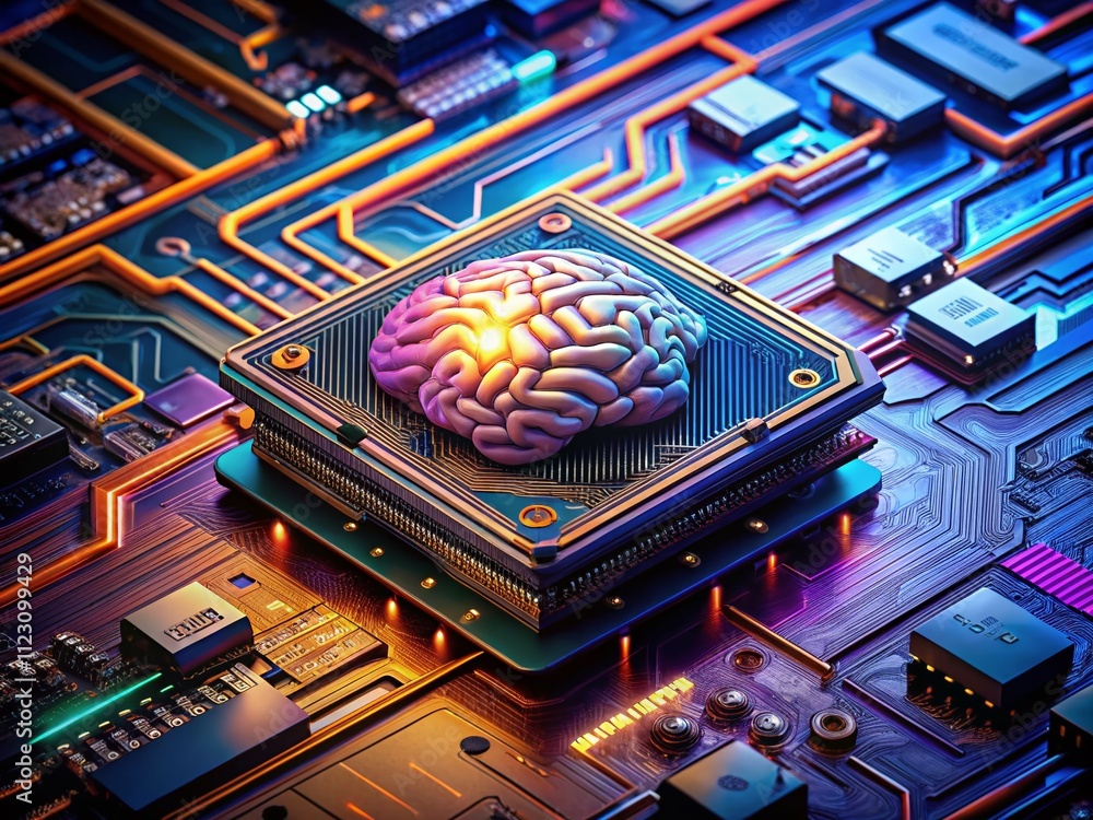 Poster surreal fusion of brain and technology: a motherboard representing the future of gaming with 12th co