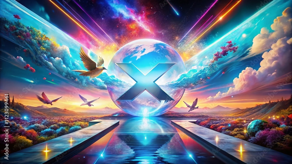 Poster surreal fusion of digital realities featuring x and twitter logos merging on a futuristic screen in 