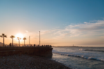 Atlantic Ocean beside the Hassan II mosque with the sunset.