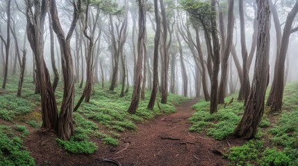 Fototapeta premium A serene forest path shrouded in fog, inviting exploration amidst twisting trees and lush greenery.