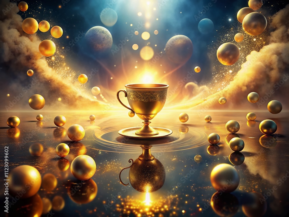 Poster surreal golden cup radiating light: a captivating reflection symphony in a dreamlike setting