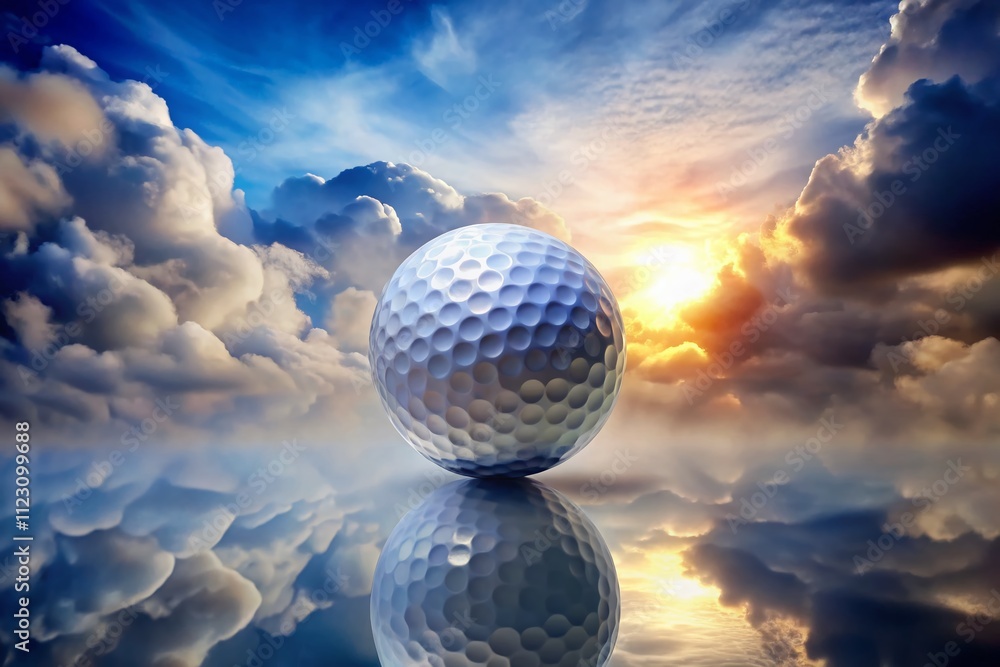 Poster surreal golf ball floating in a dreamlike space with ethereal effects and soft lighting on a white b
