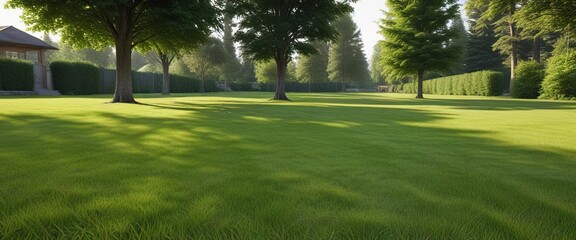 Obraz premium Wide shot of a lawn with freshly mowed grass and a few trees in the background, natural scenery, outdoor scene, green fields