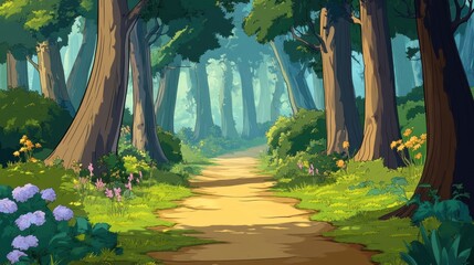 A serene forest path surrounded by lush trees and colorful flowers, inviting exploration and tranquility.
