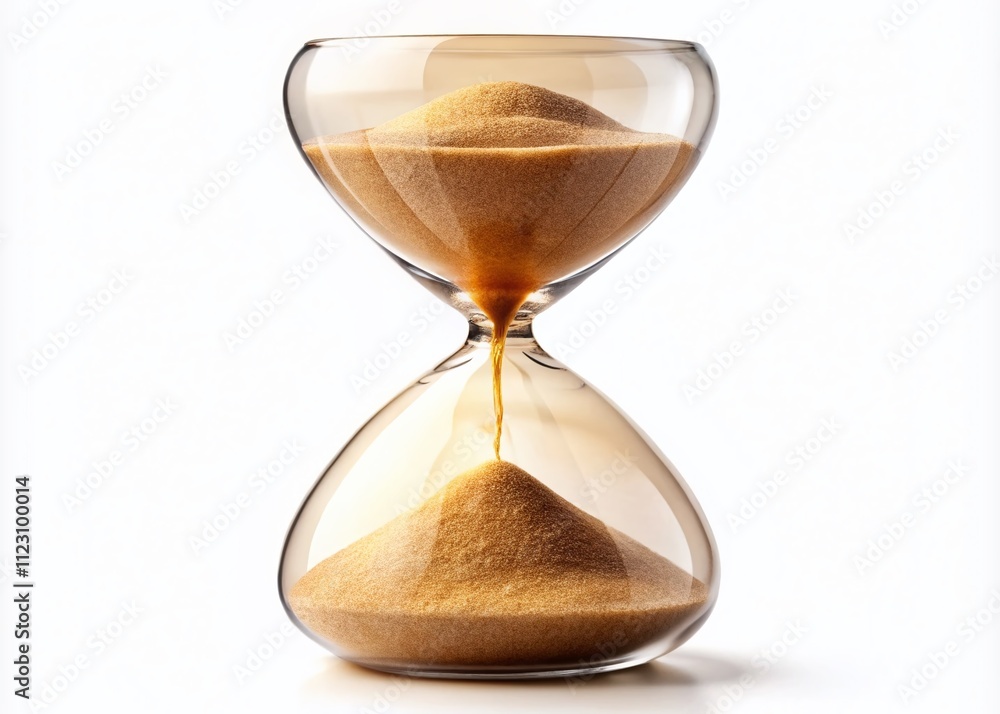 Poster surreal hourglass clock with flowing sand design isolated on white background, symbolizing time and 
