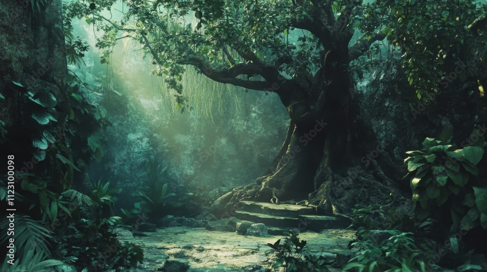 Poster an ancient tree stands prominently among vibrant foliage in a secluded jungle, illuminated by soft l