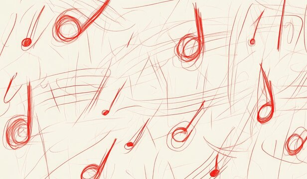 A chaotic arrangement of red musical notes on a light background, suggesting rhythm and creativity.