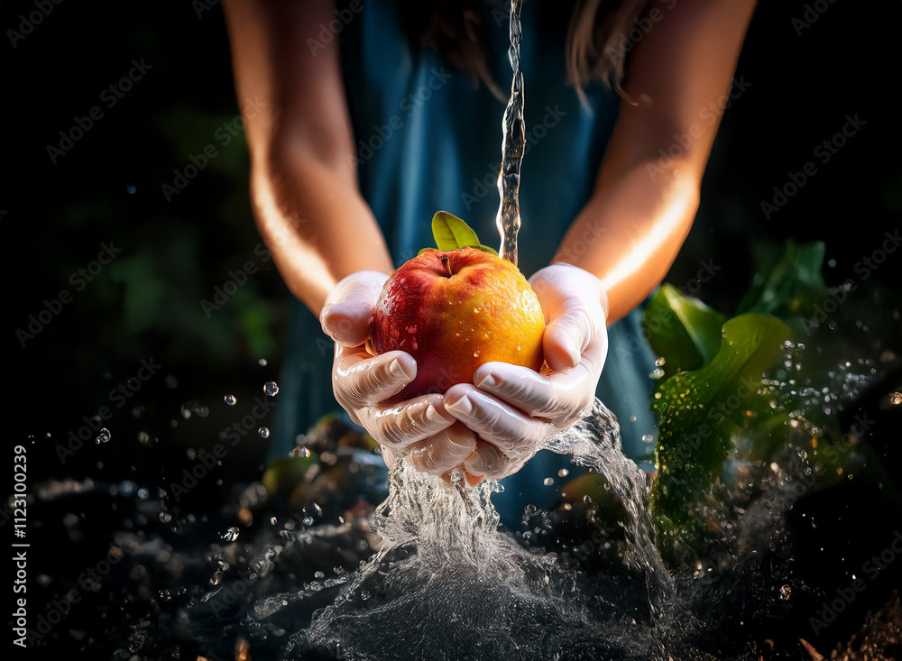 Poster a pair of hands gently cleanses a ripe, red apple under a stream of flowing water. water droplets sp
