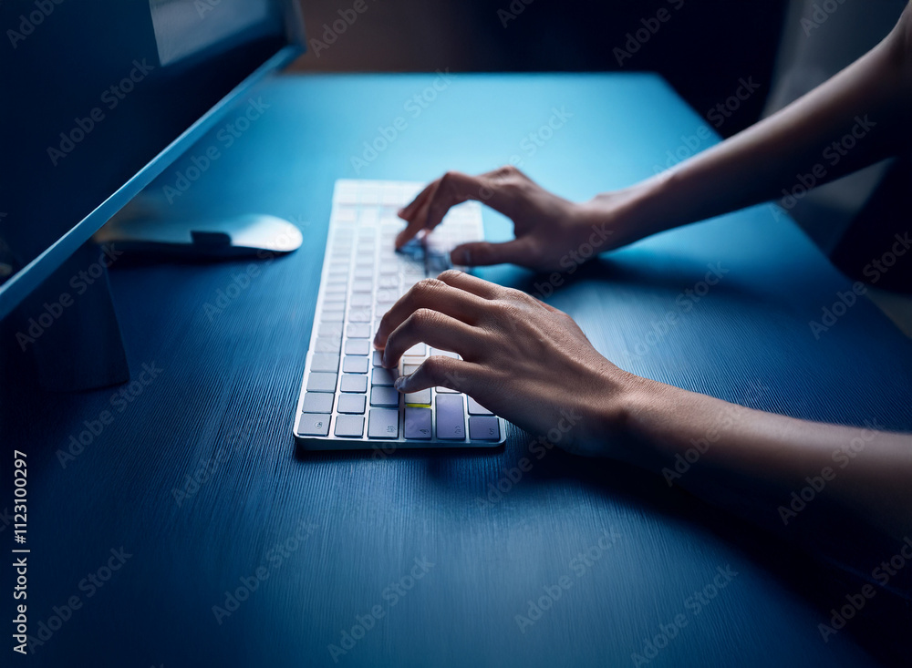 Poster Close-up of hands typing on a wireless keyboard at a dimly lit desk, in front of a computer monitor.  The scene evokes a feeling of late-night work or focused concentration.