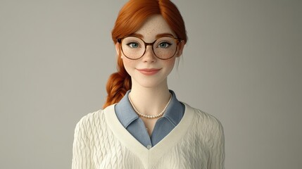 A digital character with red hair styled in a braid, wearing glasses and a white sweater, stands smiling against a plain background, exuding approachability. Generative AI