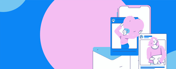 Virtual characters social communication concept business flat vector hand drawn illustration
