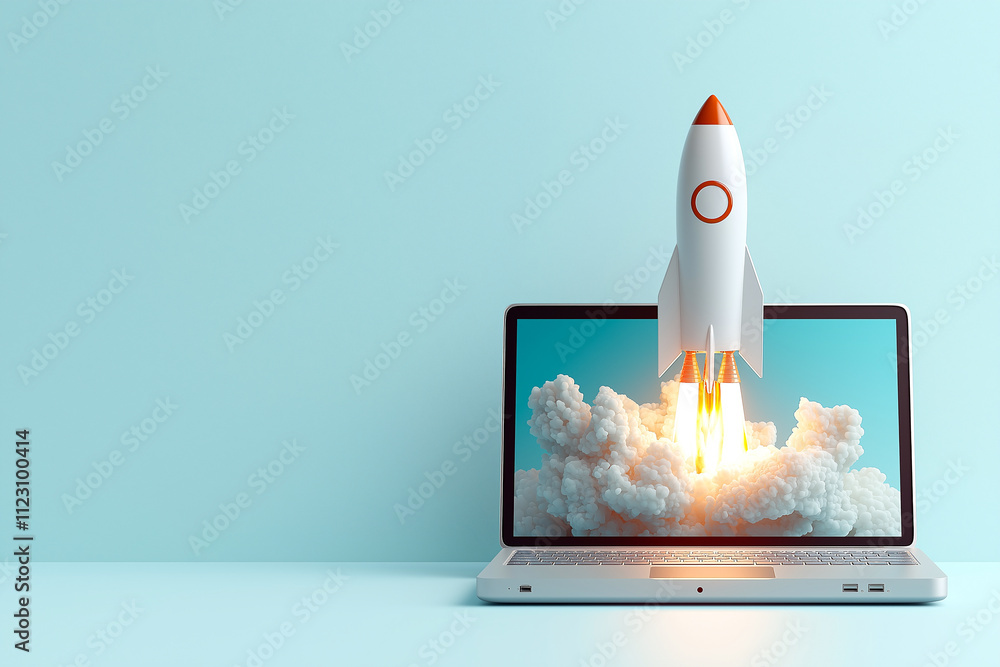 Poster laptop computer with rocket flying out, symbolizing innovation and creativity. scene features light 