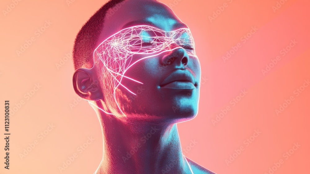 Poster a striking visual features a person with glowing neon lines radiating from their head, set against a