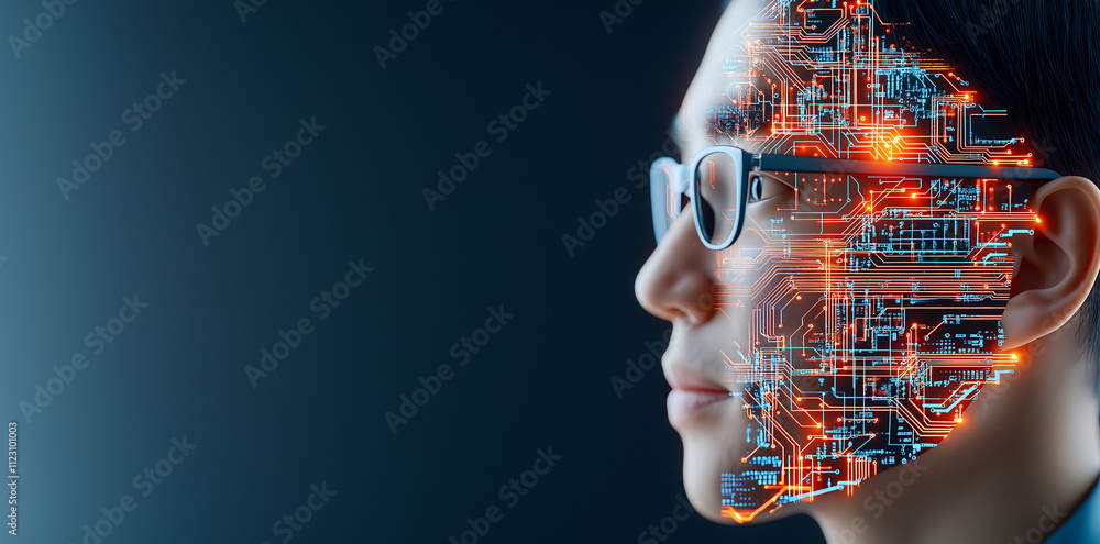 Poster profile image of man with glasses, featuring digital circuit pattern overlay on his face, symbolizin