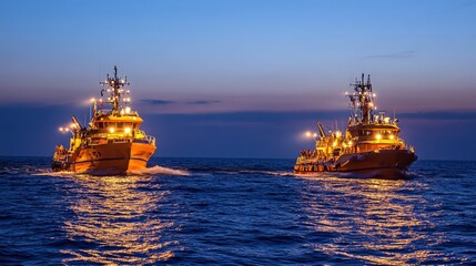 Obraz premium Rescue boats navigate through expansive waters, symbolizing hope and determination in the face of vast challenges.