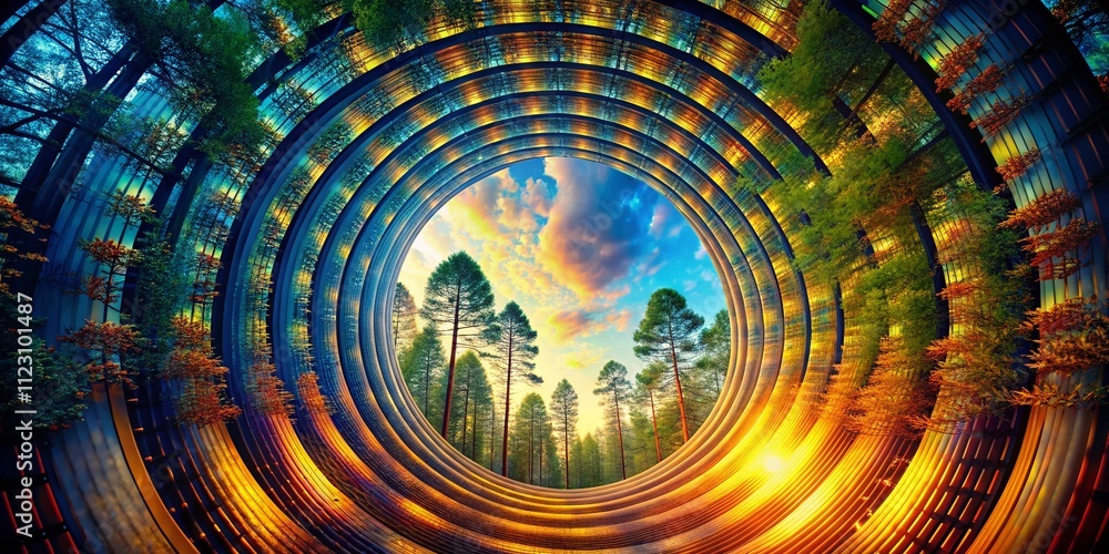 Poster surreal journey through a spiral tunnel of trees and circles in a futuristic landscape with a sky ba