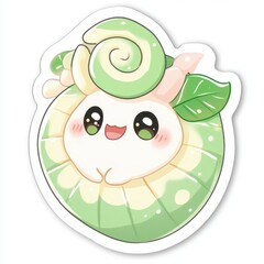 Obraz premium Cute cartoon snail character with pastel green shell and leaves.