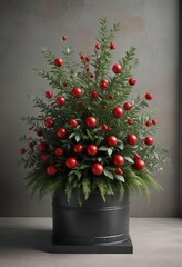Fototapeta premium A lovely arrangement of fir branches with red ornaments and eucalyptus in a metal planter, cozy cabin vibe, evergreen arrangement, red ornament